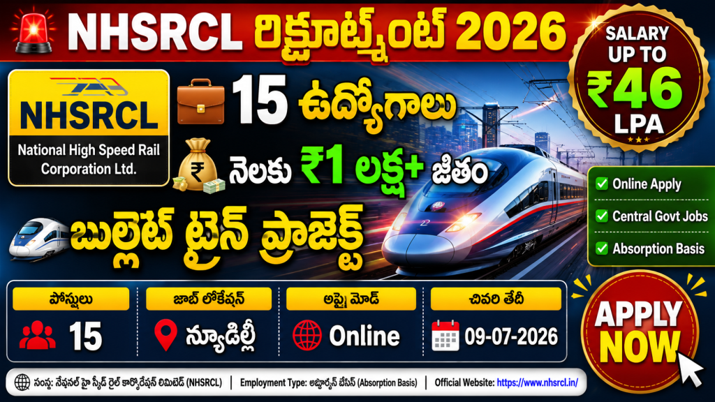 Bullet Train Project Recruitment 2026 "NHSRCL Recruitment 2026 YouTube thumbnail featuring India's bullet train project, 15 vacancies, salary up to ₹46 LPA, online application, New Delhi job location, and Apply Now button."