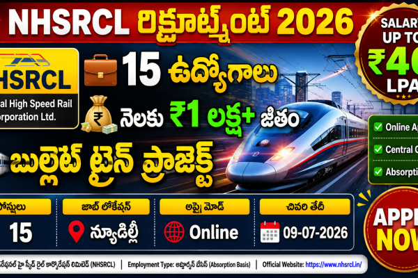 Bullet Train Project Recruitment 2026 "NHSRCL Recruitment 2026 YouTube thumbnail featuring India's bullet train project, 15 vacancies, salary up to ₹46 LPA, online application, New Delhi job location, and Apply Now button."