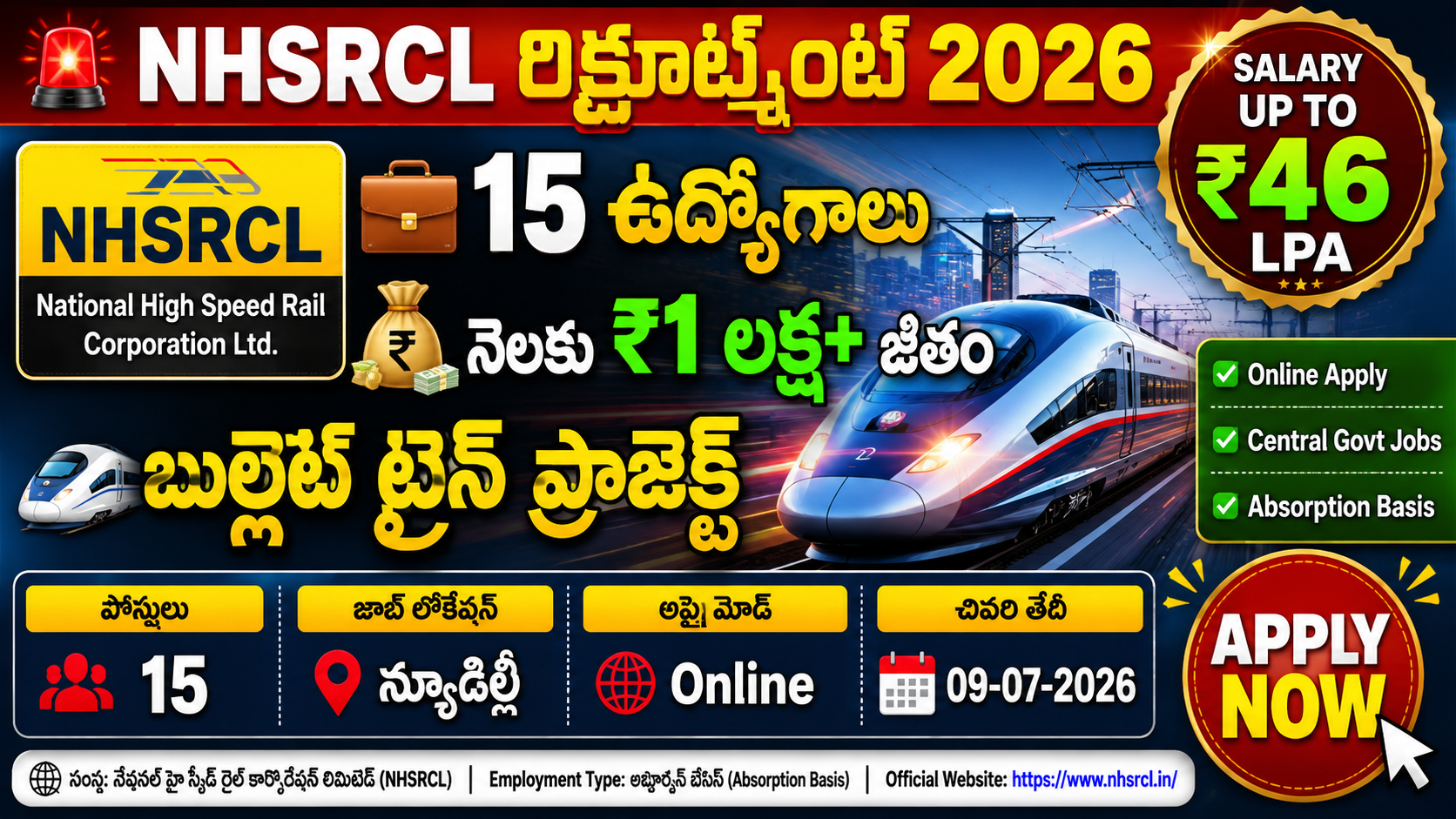 Bullet Train Project Recruitment 2026 "NHSRCL Recruitment 2026 YouTube thumbnail featuring India's bullet train project, 15 vacancies, salary up to ₹46 LPA, online application, New Delhi job location, and Apply Now button."