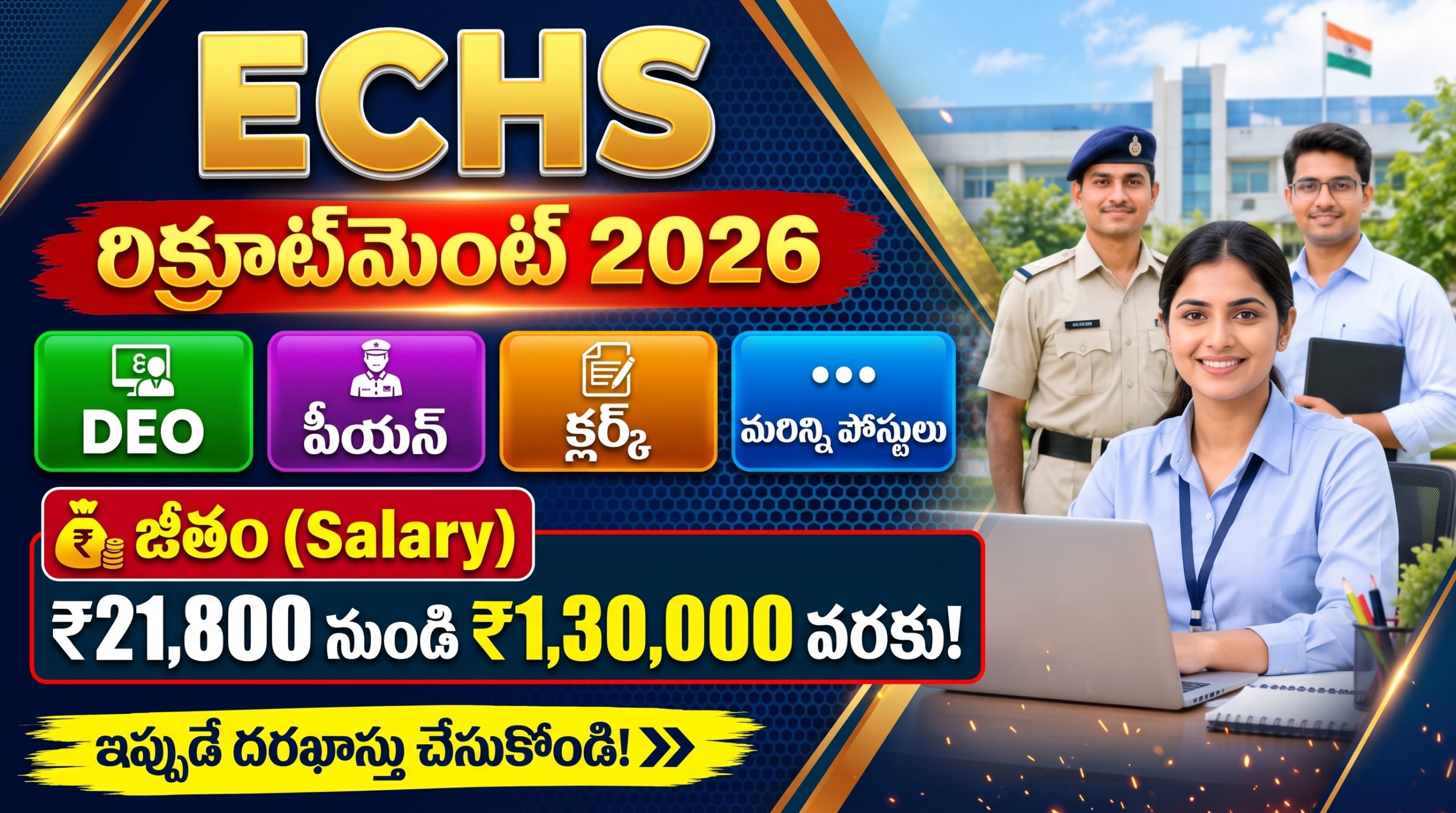 ECHS Recruitment 2026 – 23 Vacancies for DEO Clerk Peon and Other Posts