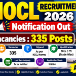 IOCL Recruitment 2026 notification banner showing post details, eligibility, salary, and apply online link