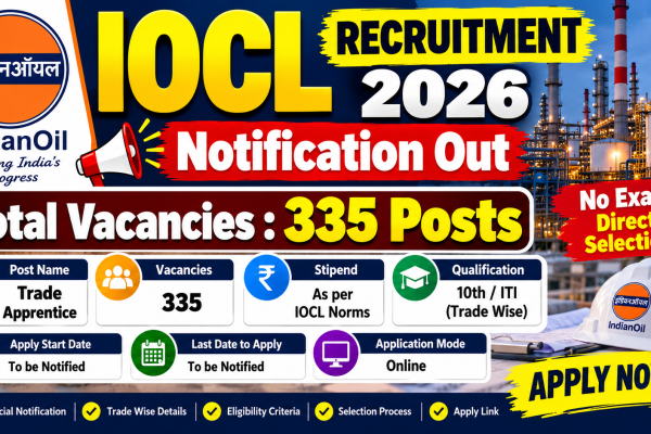 IOCL Recruitment 2026 notification banner showing post details, eligibility, salary, and apply online link