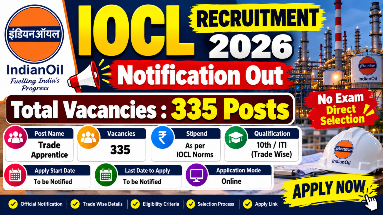 IOCL Recruitment 2026 notification banner showing post details, eligibility, salary, and apply online link