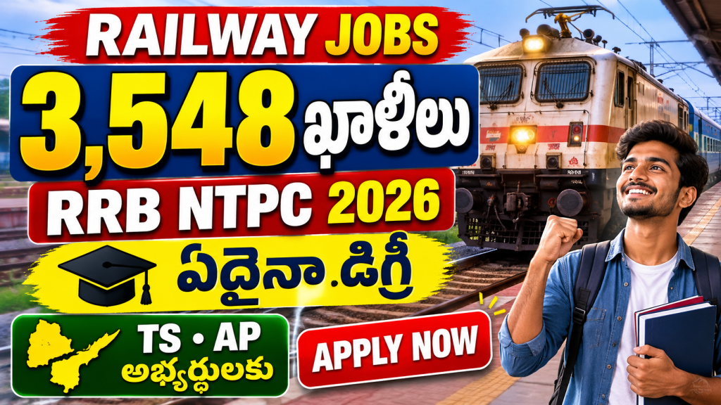RRB NTPC 2026 notification infographic showing 3,548 graduate vacancies, exam pattern, basic pay of 29,200, and timeline